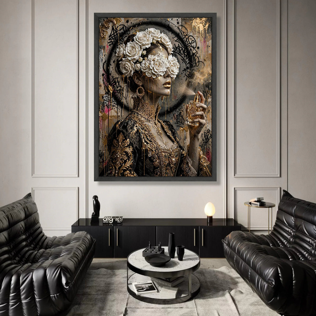 Elegant Woman with Floral Crown, Gold Accents Canvas, Luxury Portrait Wall Art, Modern Baroque Style Canvas, Glamorous Home Canvas Print Art