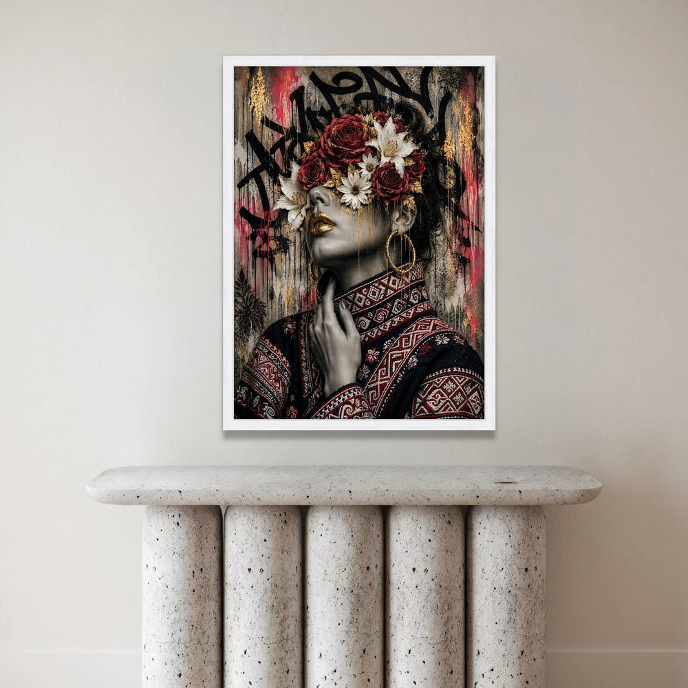 Elegant Woman Portrait with Floral Crown Canvas, Decorative Wall Art, Modern Ethnic Style Canvas, Unique Home Accent, Ready Canvas Print Art