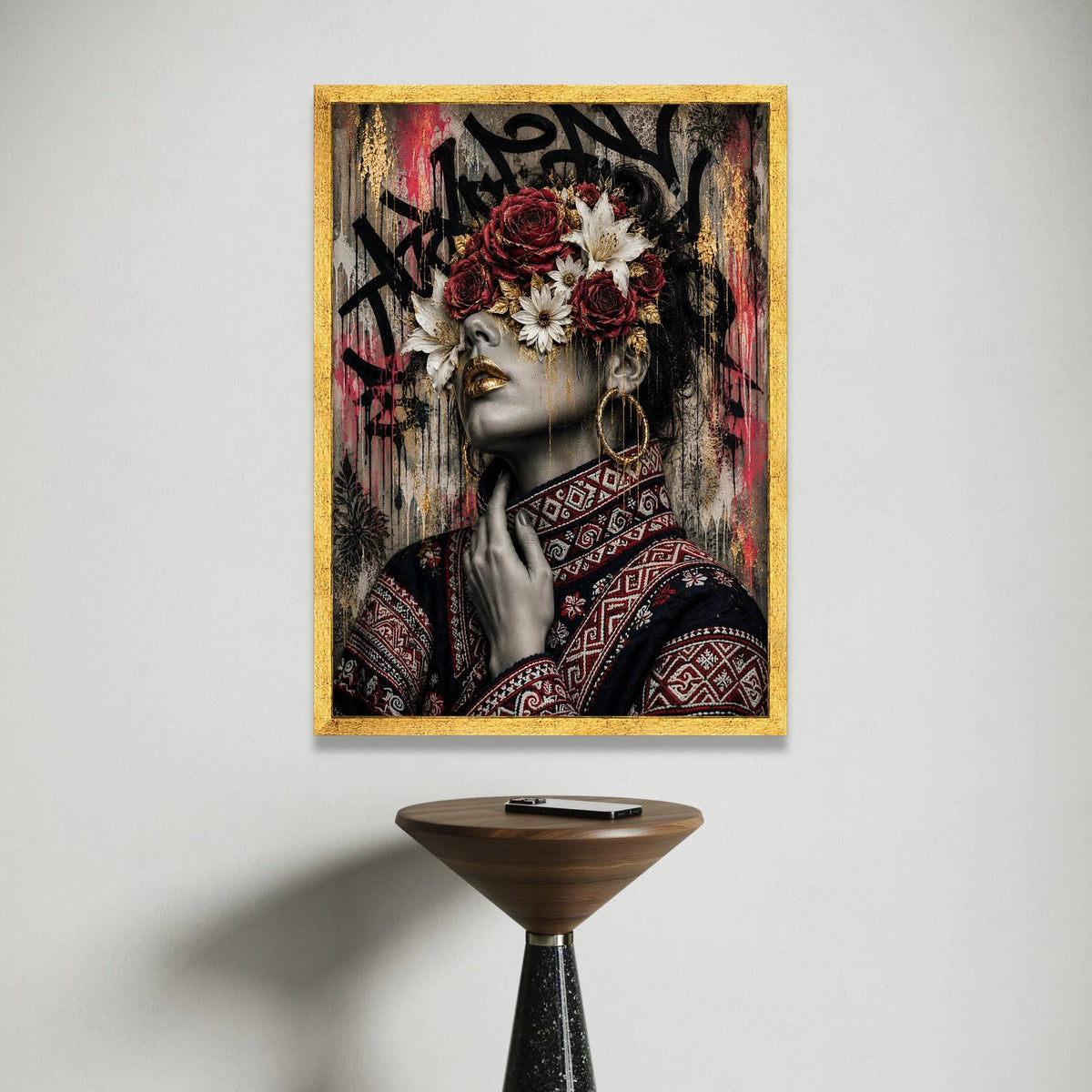 Elegant Woman Portrait with Floral Crown Canvas, Decorative Wall Art, Modern Ethnic Style Canvas, Unique Home Accent, Ready Canvas Print Art