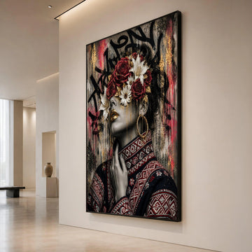 Elegant Woman Portrait with Floral Crown Canvas, Decorative Wall Art, Modern Ethnic Style Canvas, Unique Home Accent, Ready Canvas Print Art