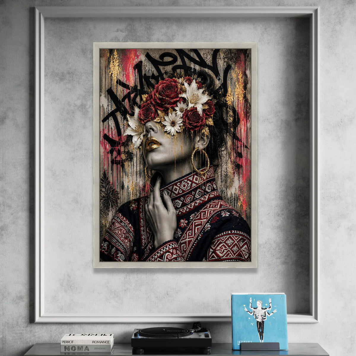 Elegant Woman Portrait with Floral Crown Canvas, Decorative Wall Art, Modern Ethnic Style Canvas, Unique Home Accent, Ready Canvas Print Art