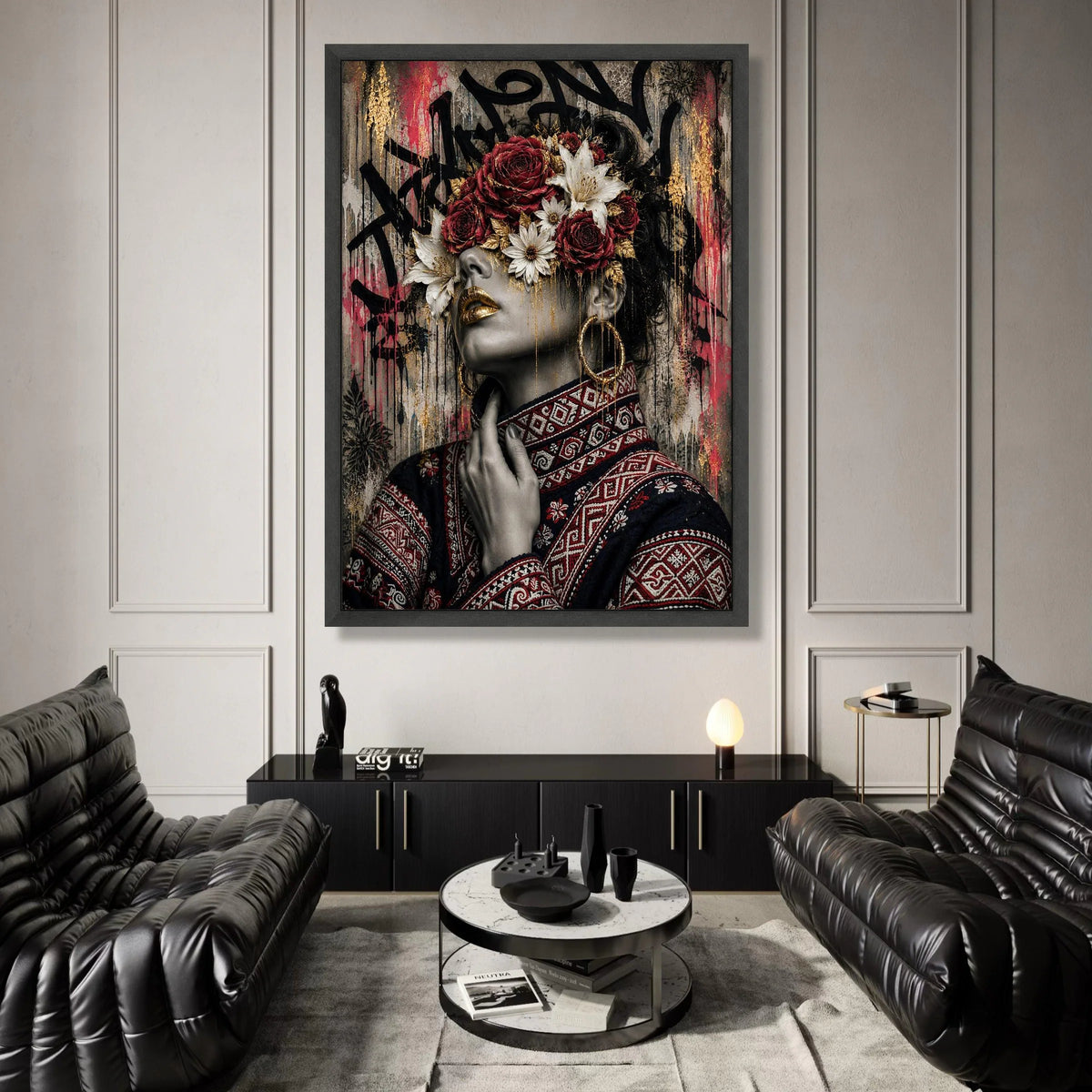Elegant Woman Portrait with Floral Crown Canvas, Decorative Wall Art, Modern Ethnic Style Canvas, Unique Home Accent, Ready Canvas Print Art