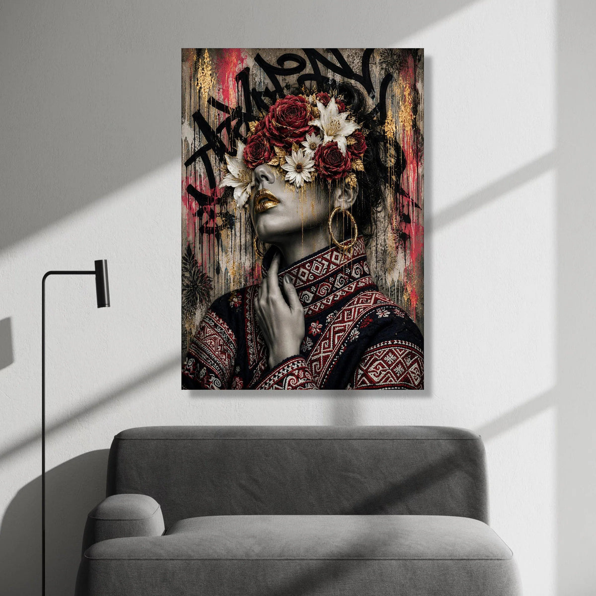 Elegant Woman Portrait with Floral Crown Canvas, Decorative Wall Art, Modern Ethnic Style Canvas, Unique Home Accent, Ready Canvas Print Art