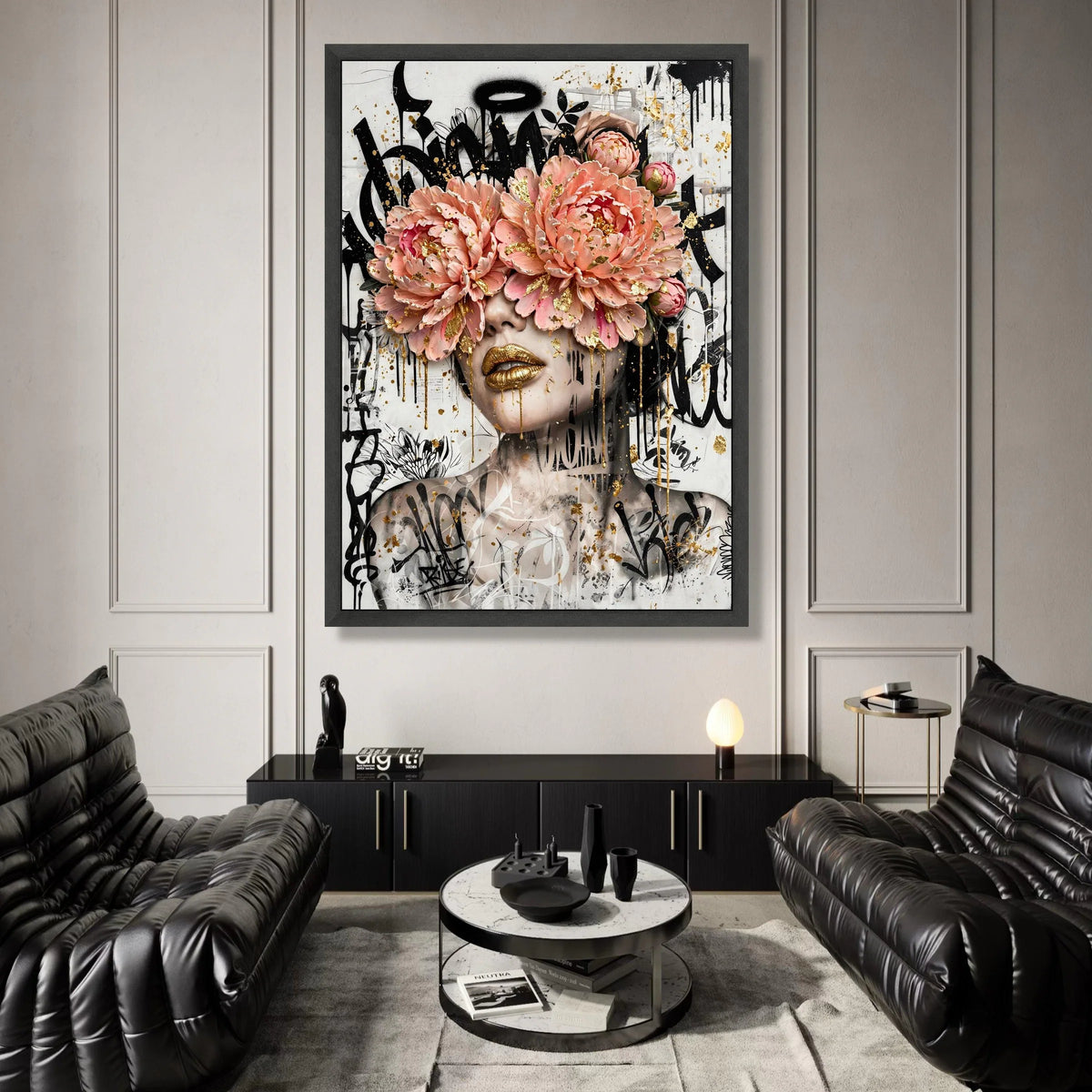 Bold Floral Face Art Canvas, Abstract Woman Portrait, Pink Peony Flowers, Gold Lips Wall Art, Graffiti Style Canvas, Modern Canvas Print Art
