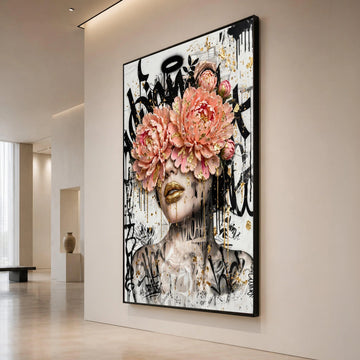 Bold Floral Face Art Canvas, Abstract Woman Portrait, Pink Peony Flowers, Gold Lips Wall Art, Graffiti Style Canvas, Modern Canvas Print Art
