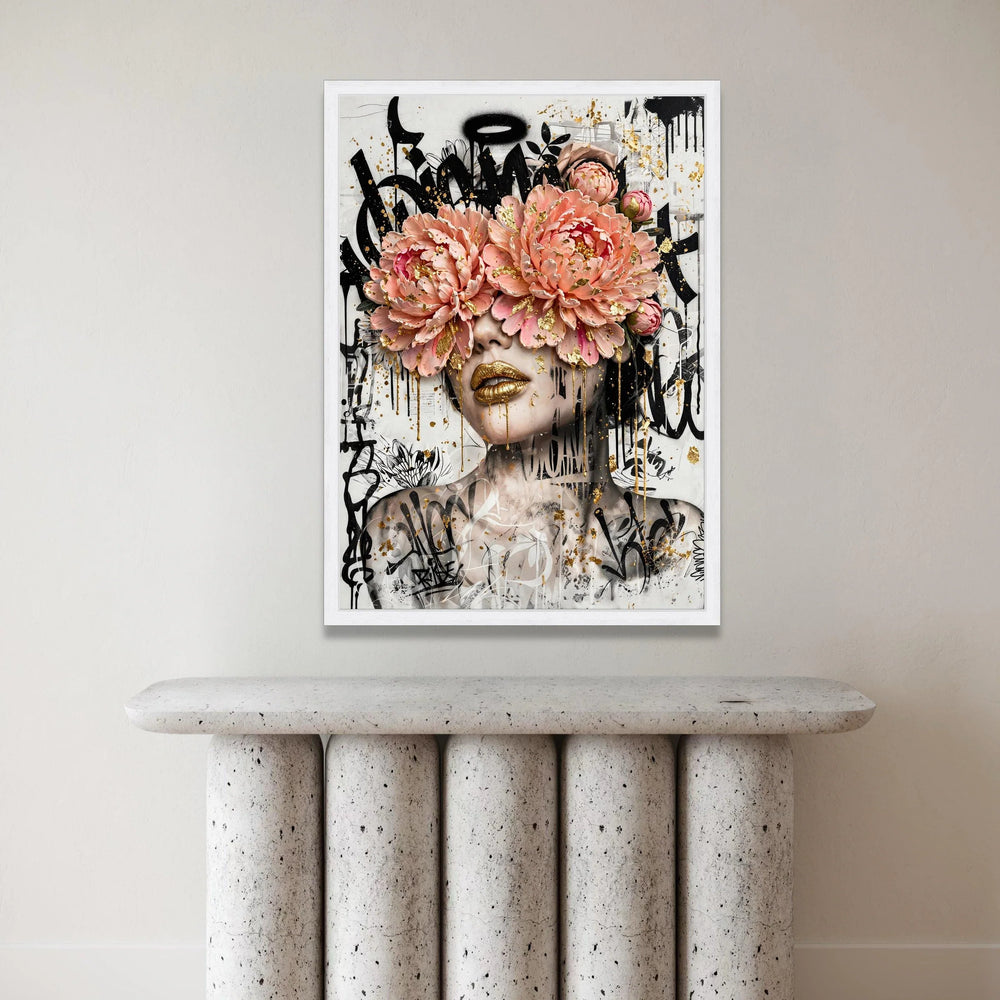 Bold Floral Face Art Canvas, Abstract Woman Portrait, Pink Peony Flowers, Gold Lips Wall Art, Graffiti Style Canvas, Modern Canvas Print Art
