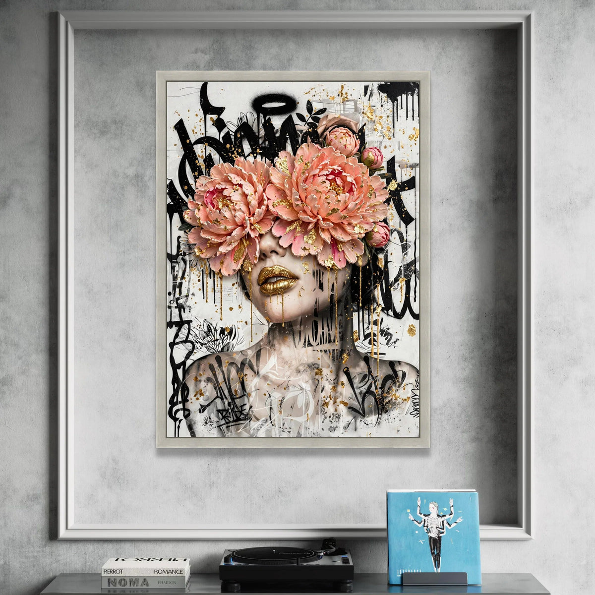 Bold Floral Face Art Canvas, Abstract Woman Portrait, Pink Peony Flowers, Gold Lips Wall Art, Graffiti Style Canvas, Modern Canvas Print Art