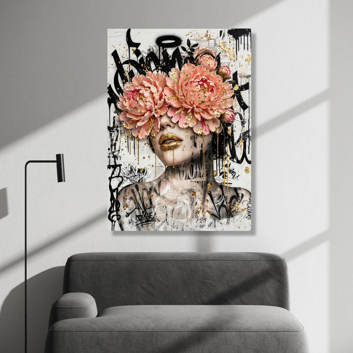 Bold Floral Face Art Canvas, Abstract Woman Portrait, Pink Peony Flowers, Gold Lips Wall Art, Graffiti Style Canvas, Modern Canvas Print Art
