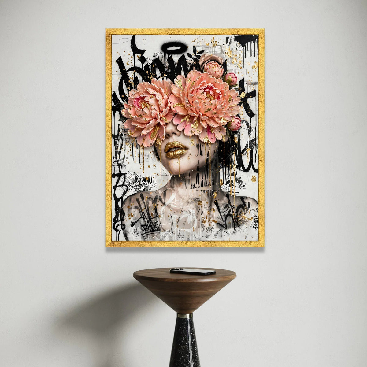 Bold Floral Face Art Canvas, Abstract Woman Portrait, Pink Peony Flowers, Gold Lips Wall Art, Graffiti Style Canvas, Modern Canvas Print Art