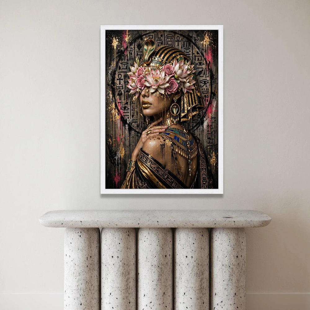 Egyptian Queen Canvas Wall Art, Cleopatra Portrait with Lotus Flowers and Gold Accents, Ancient Egypt Decor, Regal African Canvas Print Art