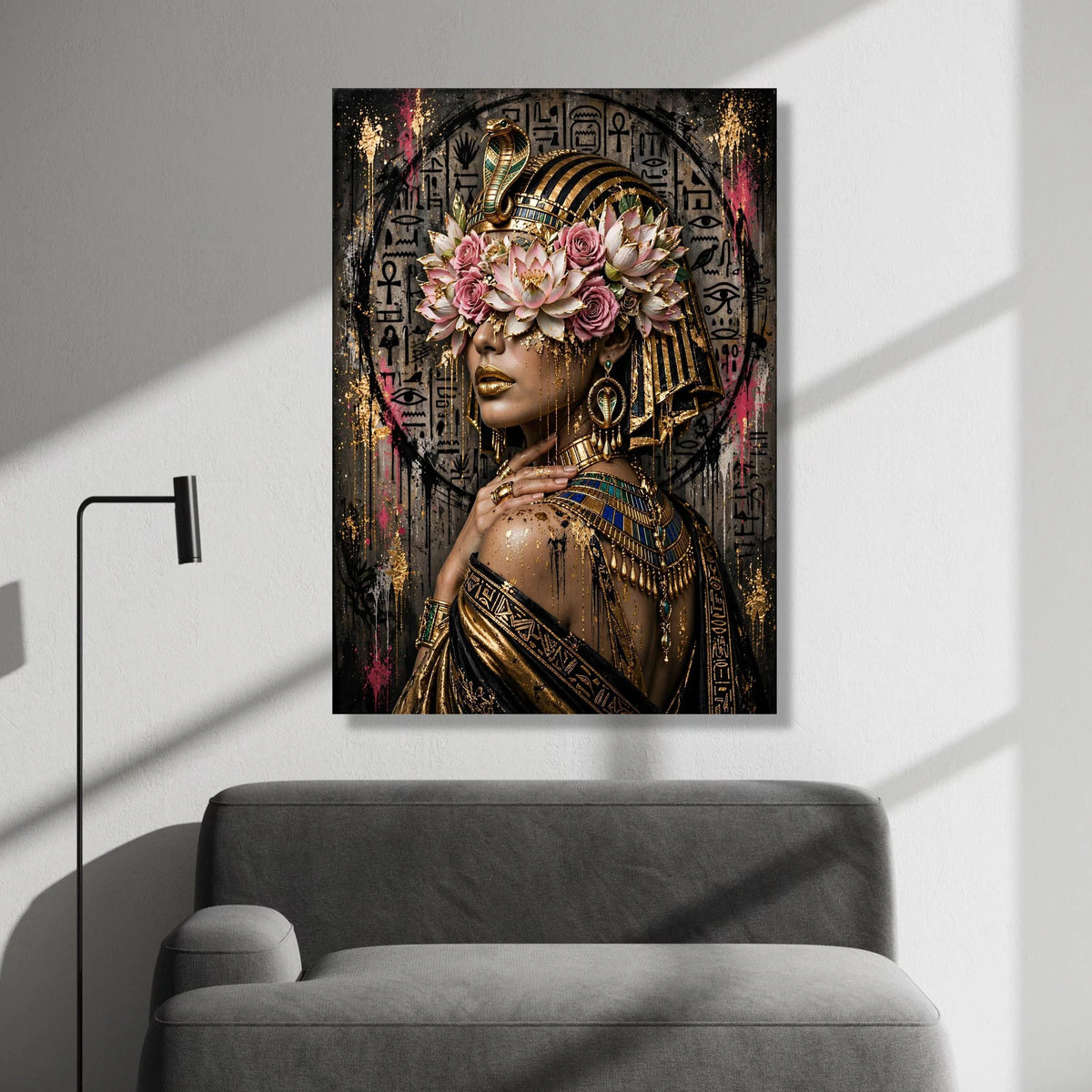 Egyptian Queen Canvas Wall Art, Cleopatra Portrait with Lotus Flowers and Gold Accents, Ancient Egypt Decor, Regal African Canvas Print Art
