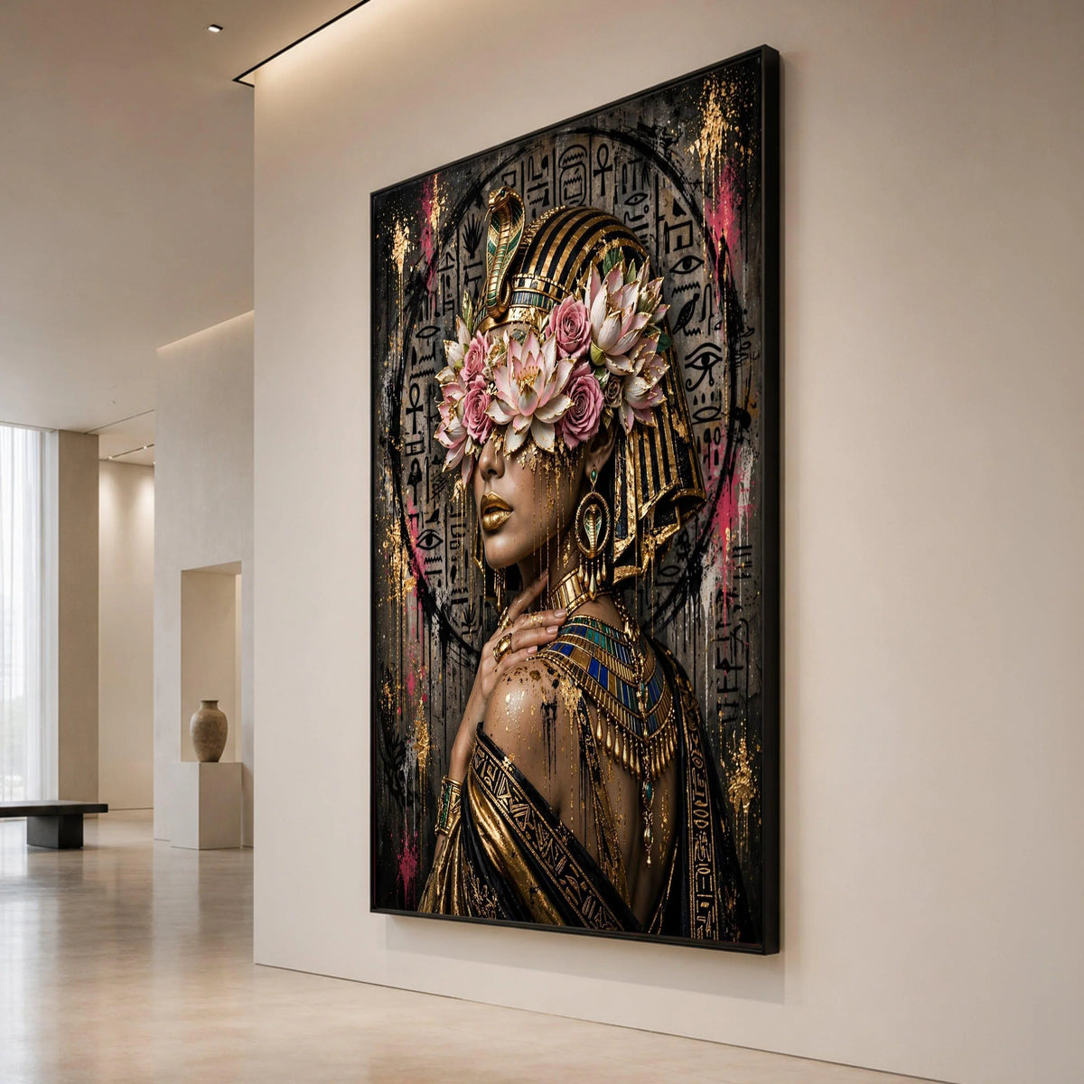 Egyptian Queen Canvas Wall Art, Cleopatra Portrait with Lotus Flowers and Gold Accents, Ancient Egypt Decor, Regal African Canvas Print Art