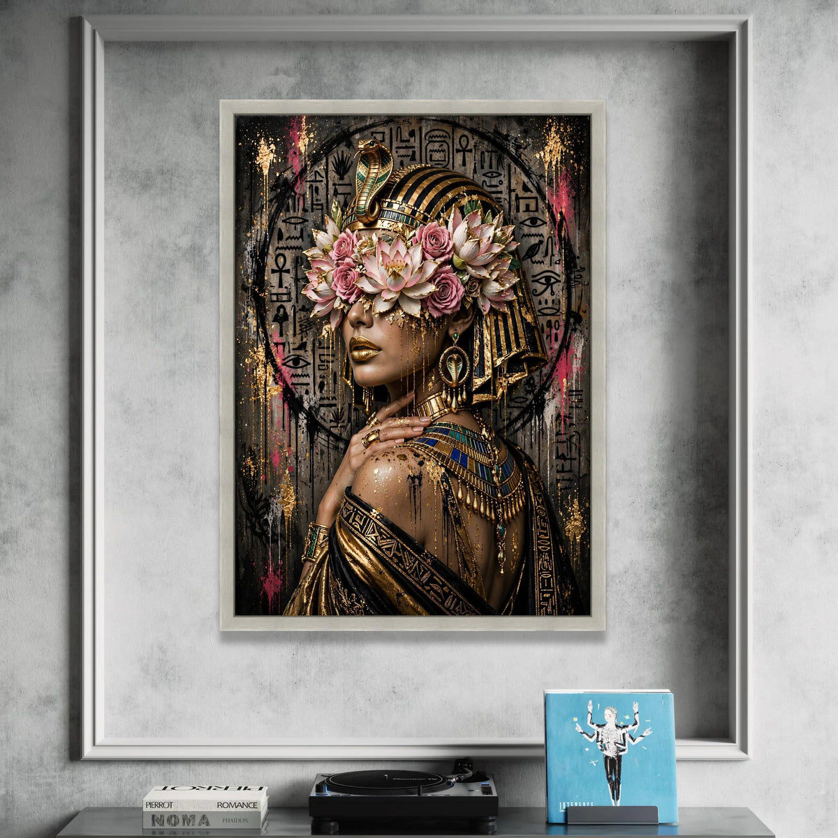Egyptian Queen Canvas Wall Art, Cleopatra Portrait with Lotus Flowers and Gold Accents, Ancient Egypt Decor, Regal African Canvas Print Art