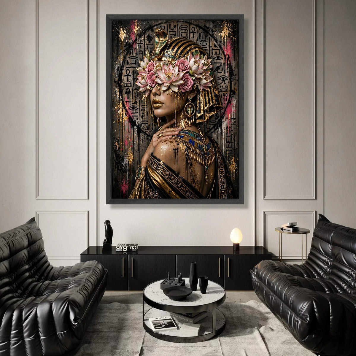 Egyptian Queen Canvas Wall Art, Cleopatra Portrait with Lotus Flowers and Gold Accents, Ancient Egypt Decor, Regal African Canvas Print Art