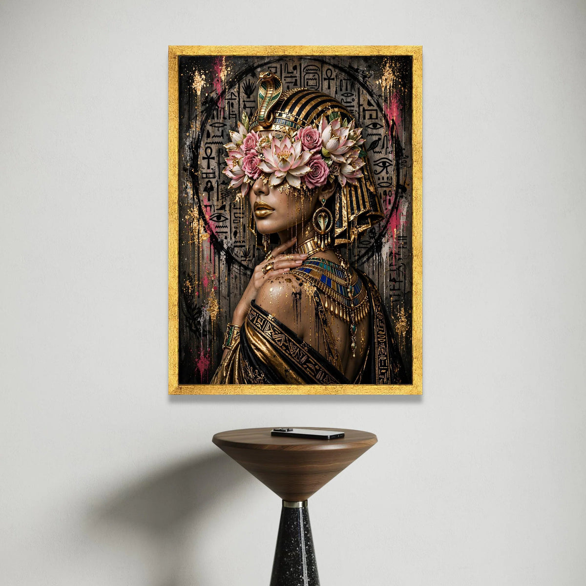 Egyptian Queen Canvas Wall Art, Cleopatra Portrait with Lotus Flowers and Gold Accents, Ancient Egypt Decor, Regal African Canvas Print Art