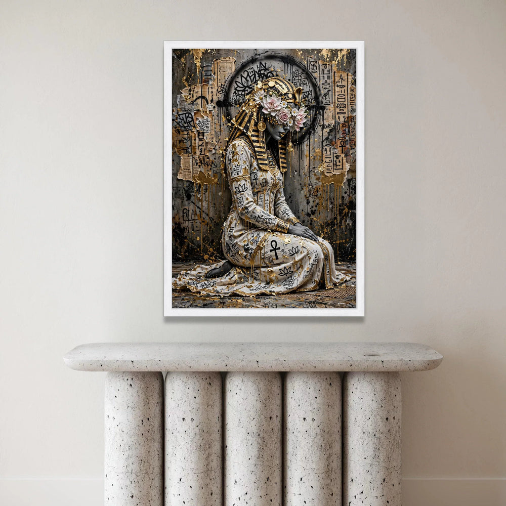 Egyptian Queen Portrait Canvas, Ancient Pharaoh Wall Art, Floral Headdress Canvas, Modern Hieroglyphic Design, Gold Accent Canvas Print Art