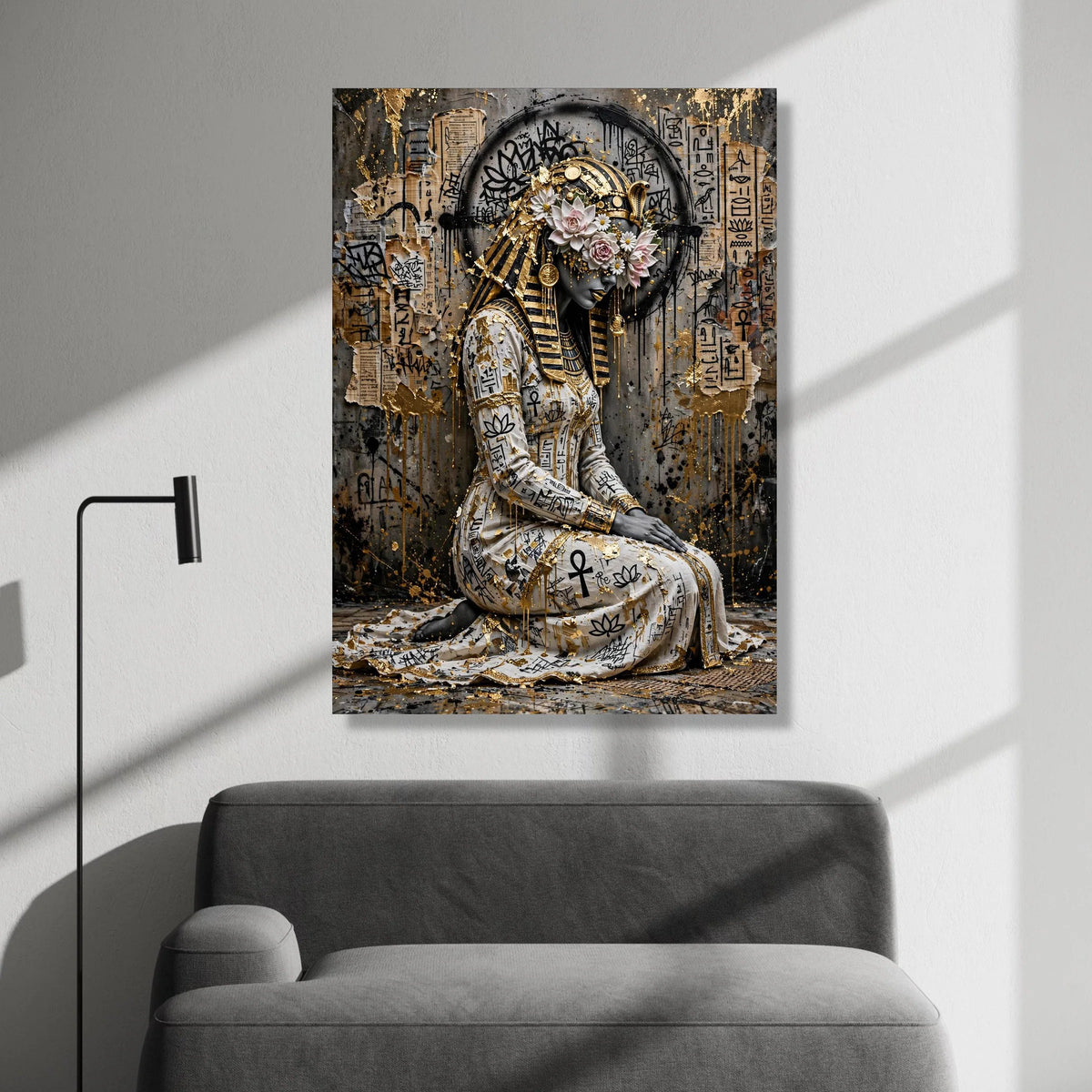 Egyptian Queen Portrait Canvas, Ancient Pharaoh Wall Art, Floral Headdress Canvas, Modern Hieroglyphic Design, Gold Accent Canvas Print Art