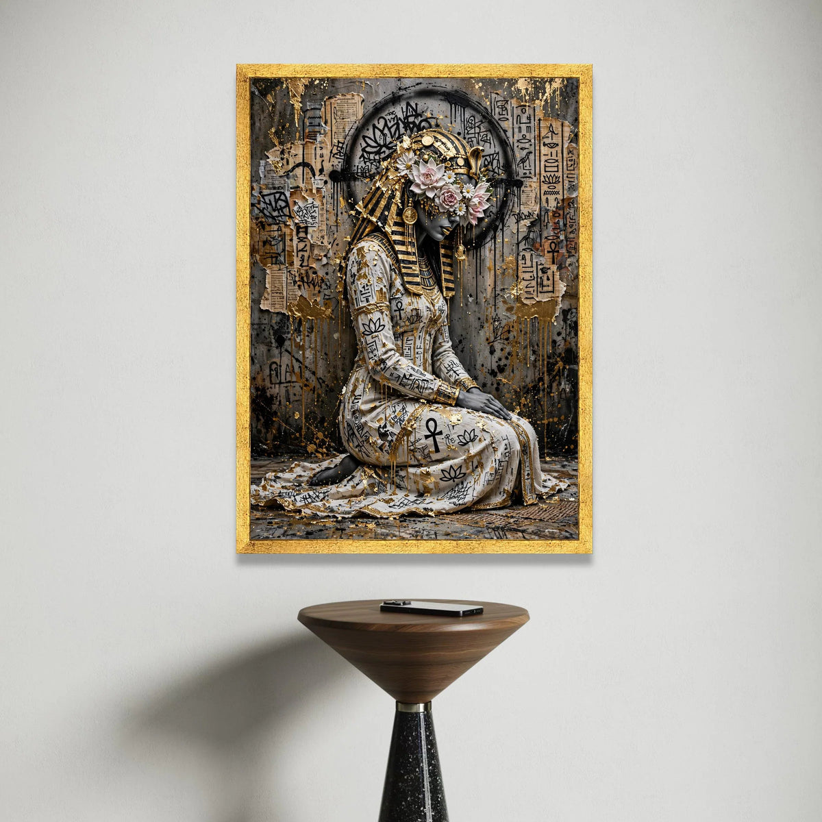 Egyptian Queen Portrait Canvas, Ancient Pharaoh Wall Art, Floral Headdress Canvas, Modern Hieroglyphic Design, Gold Accent Canvas Print Art