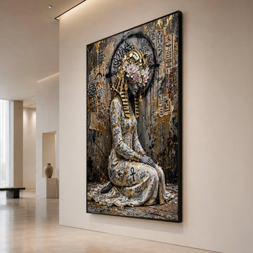 Egyptian Queen Portrait Canvas, Ancient Pharaoh Wall Art, Floral Headdress Canvas, Modern Hieroglyphic Design, Gold Accent Canvas Print Art