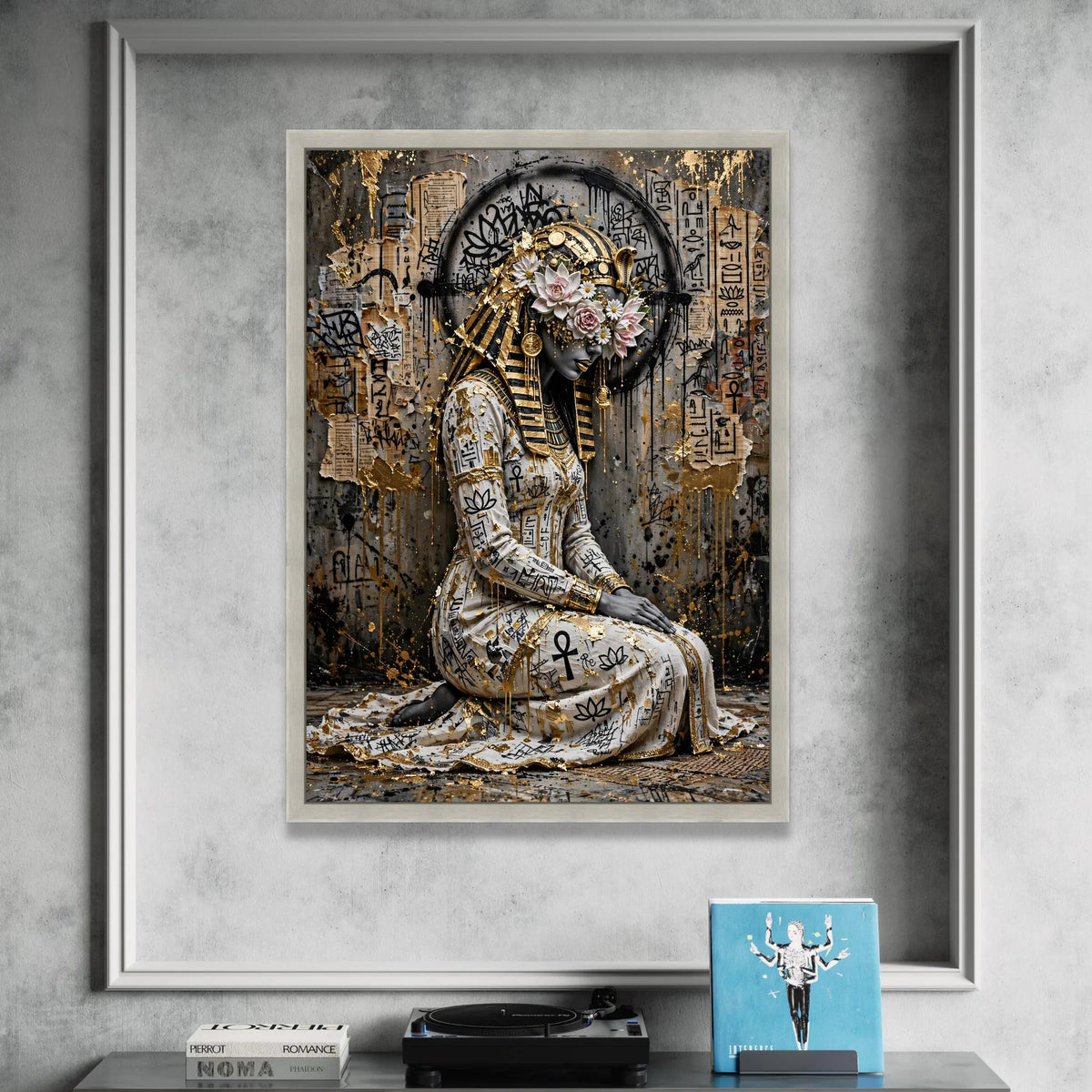Egyptian Queen Portrait Canvas, Ancient Pharaoh Wall Art, Floral Headdress Canvas, Modern Hieroglyphic Design, Gold Accent Canvas Print Art