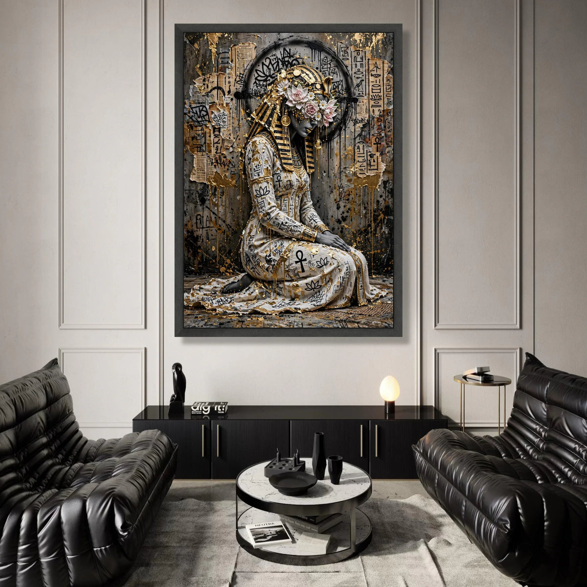 Egyptian Queen Portrait Canvas, Ancient Pharaoh Wall Art, Floral Headdress Canvas, Modern Hieroglyphic Design, Gold Accent Canvas Print Art