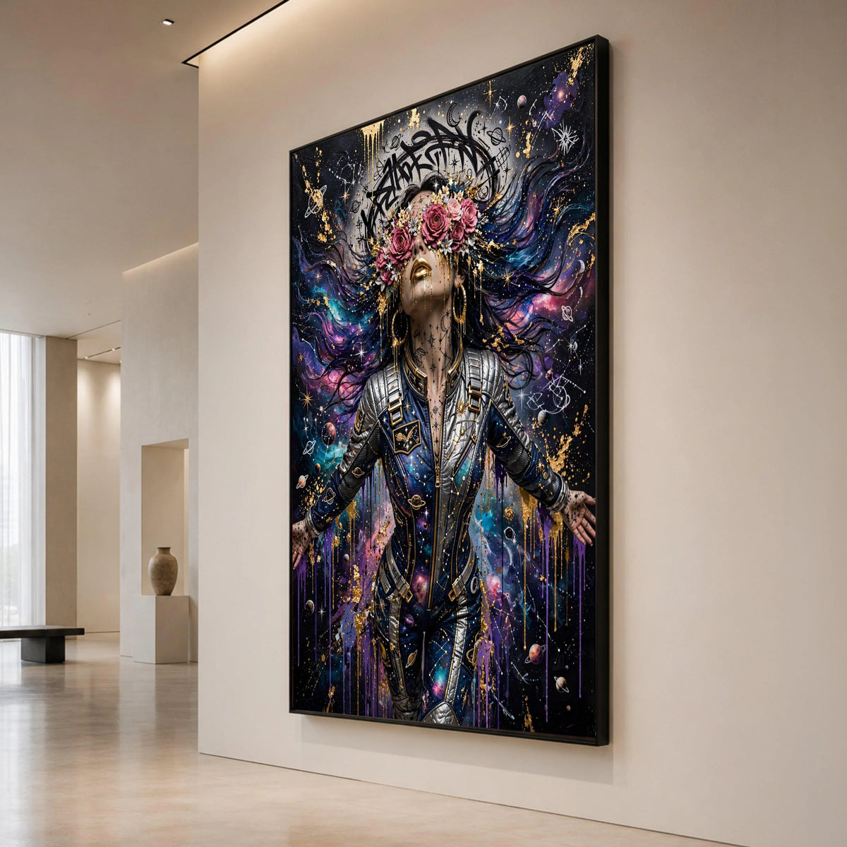 Cosmic Woman Space Suit, Galaxy Art Canvas, Floral Crown Wall Art, Starry Night Painting, Futuristic Space Decor, Unique Canvas Print Art