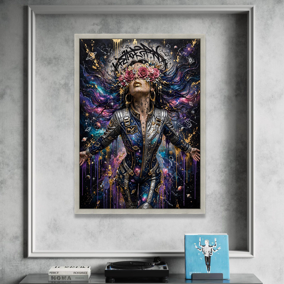 Cosmic Woman Space Suit, Galaxy Art Canvas, Floral Crown Wall Art, Starry Night Painting, Futuristic Space Decor, Unique Canvas Print Art
