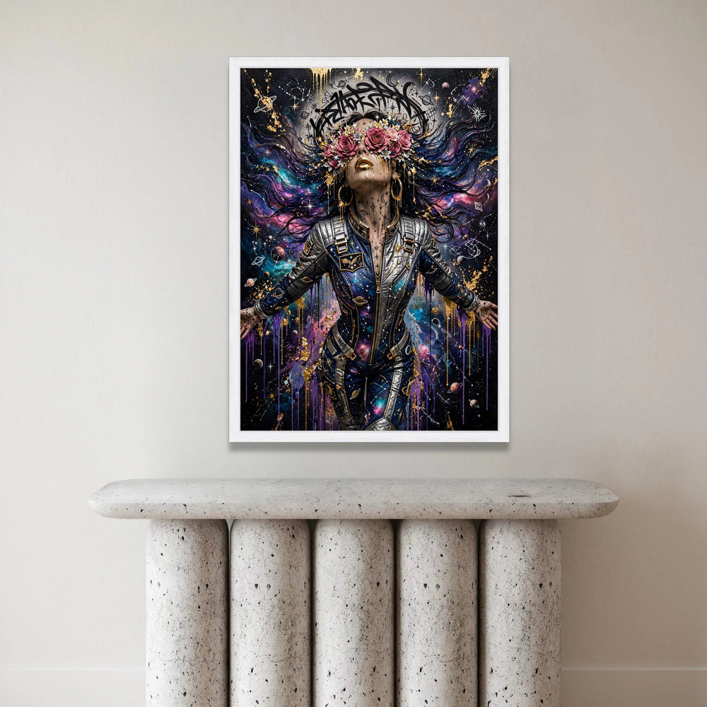 Cosmic Woman Space Suit, Galaxy Art Canvas, Floral Crown Wall Art, Starry Night Painting, Futuristic Space Decor, Unique Canvas Print Art