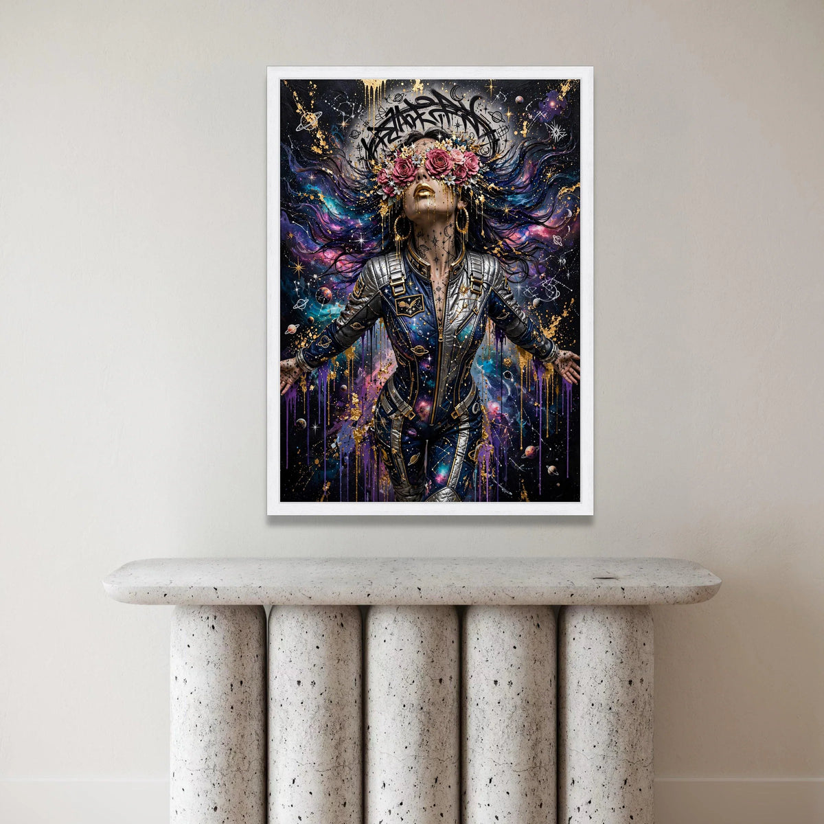 Cosmic Woman Space Suit, Galaxy Art Canvas, Floral Crown Wall Art, Starry Night Painting, Futuristic Space Decor, Unique Canvas Print Art