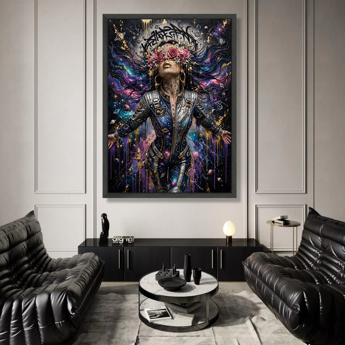Cosmic Woman Space Suit, Galaxy Art Canvas, Floral Crown Wall Art, Starry Night Painting, Futuristic Space Decor, Unique Canvas Print Art