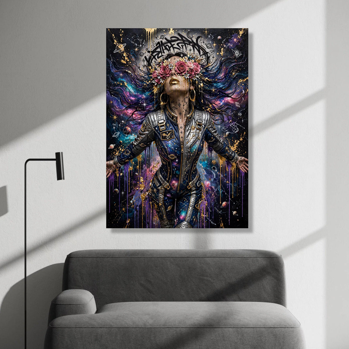 Cosmic Woman Space Suit, Galaxy Art Canvas, Floral Crown Wall Art, Starry Night Painting, Futuristic Space Decor, Unique Canvas Print Art