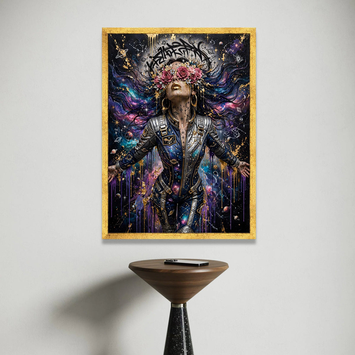 Cosmic Woman Space Suit, Galaxy Art Canvas, Floral Crown Wall Art, Starry Night Painting, Futuristic Space Decor, Unique Canvas Print Art