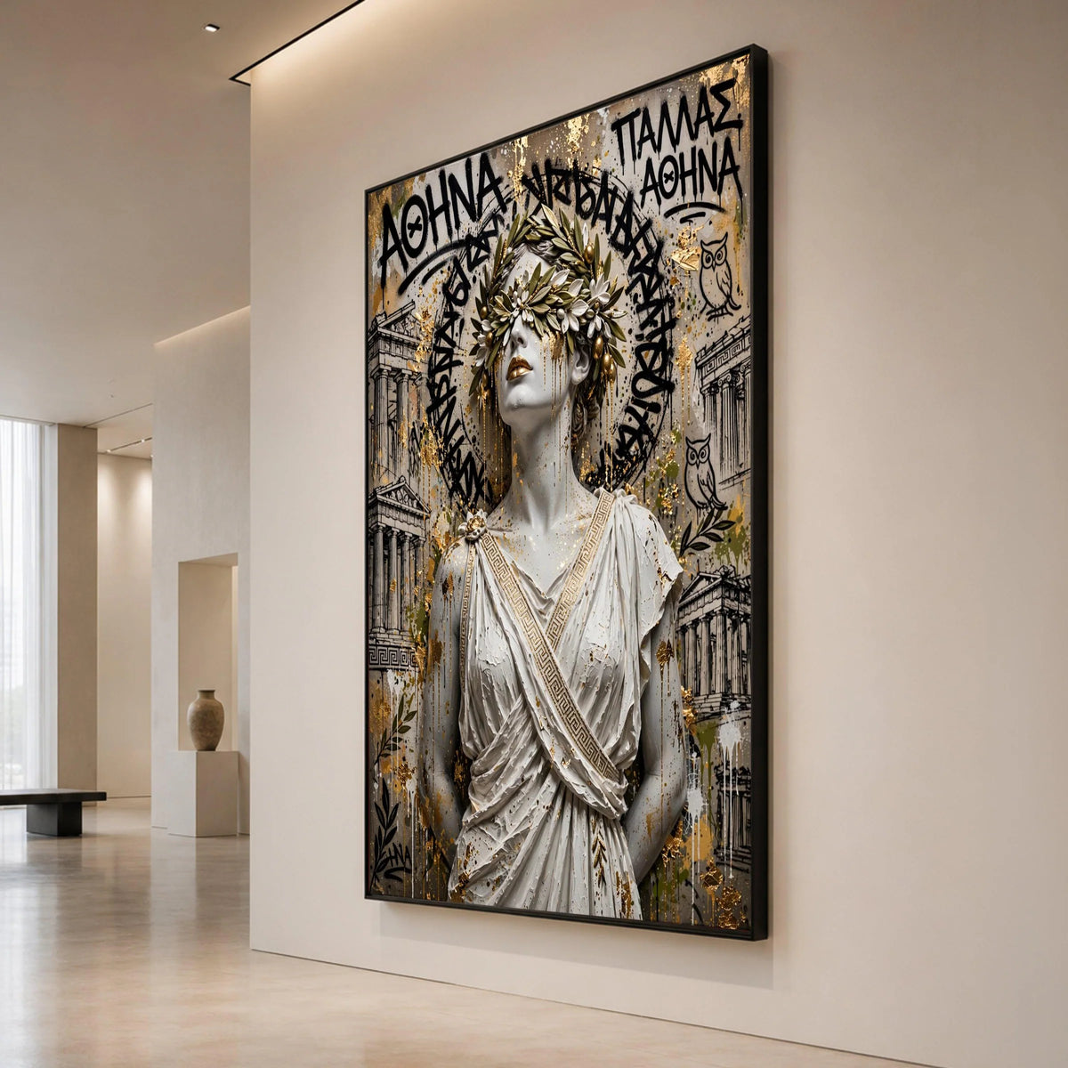 Classic Greek Goddess Canvas, Athens Wall Art, Laurel Crown Portrait, Ancient Greece Decor, Mythology Statue Canvas Canvas Print Art