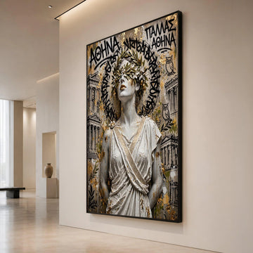 Classic Greek Goddess Canvas, Athens Wall Art, Laurel Crown Portrait, Ancient Greece Decor, Mythology Statue Canvas Canvas Print Art