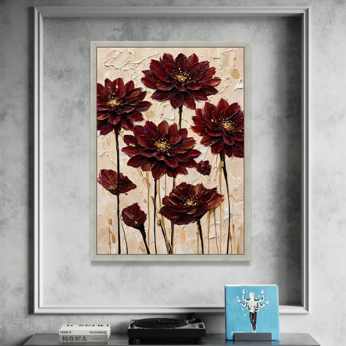 Deep Red Floral Canvas Wall Art, Elegant Dahlia Flowers Painting, Modern Botanical Print, Home Decor Canvas, Ready to Hang Canvas Print Art