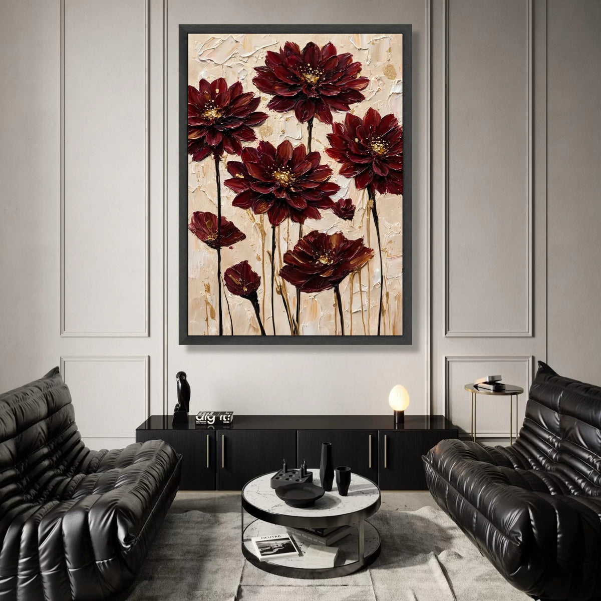 Deep Red Floral Canvas Wall Art, Elegant Dahlia Flowers Painting, Modern Botanical Print, Home Decor Canvas, Ready to Hang Canvas Print Art