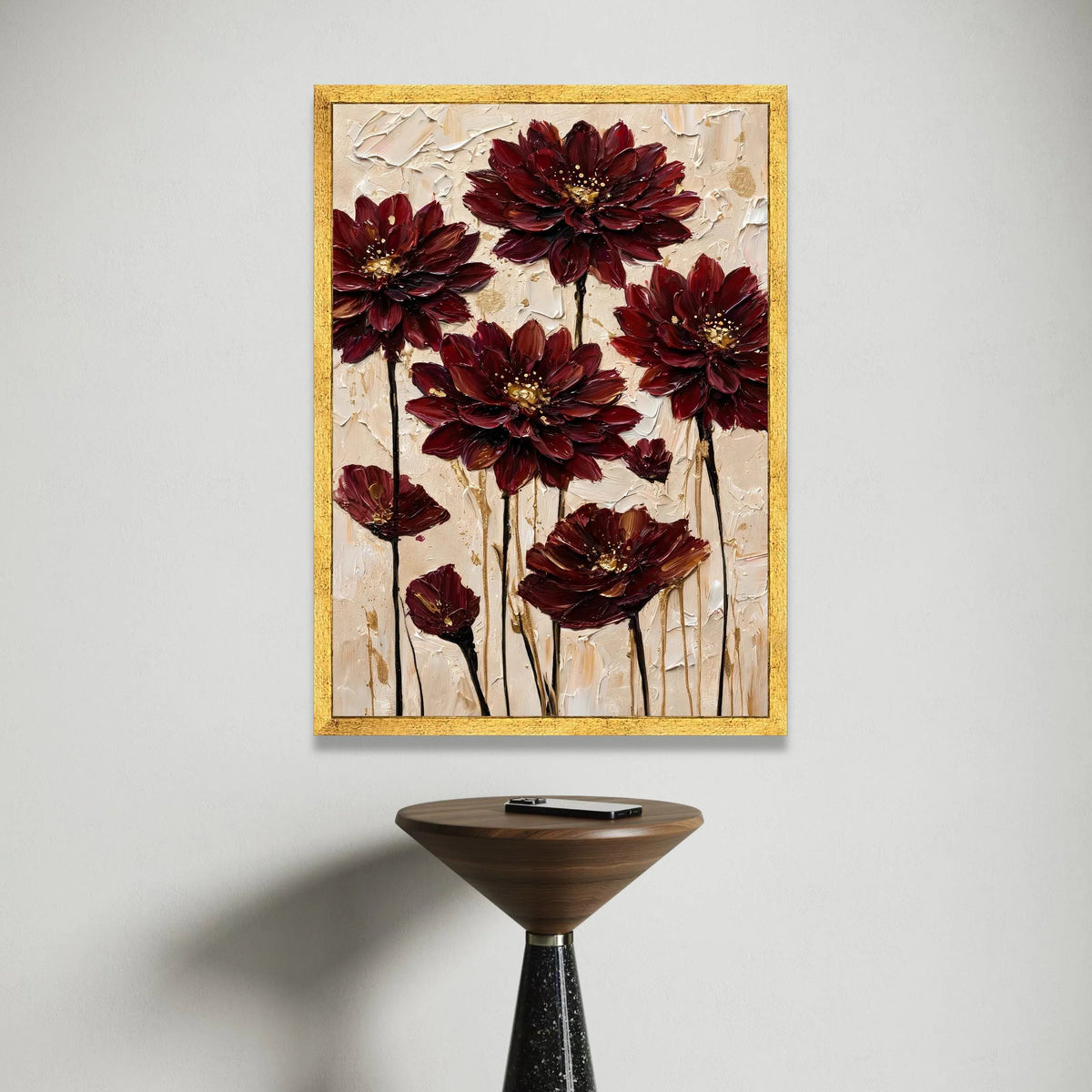 Deep Red Floral Canvas Wall Art, Elegant Dahlia Flowers Painting, Modern Botanical Print, Home Decor Canvas, Ready to Hang Canvas Print Art