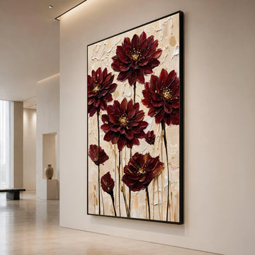 Deep Red Floral Canvas Wall Art, Elegant Dahlia Flowers Painting, Modern Botanical Print, Home Decor Canvas, Ready to Hang Canvas Print Art
