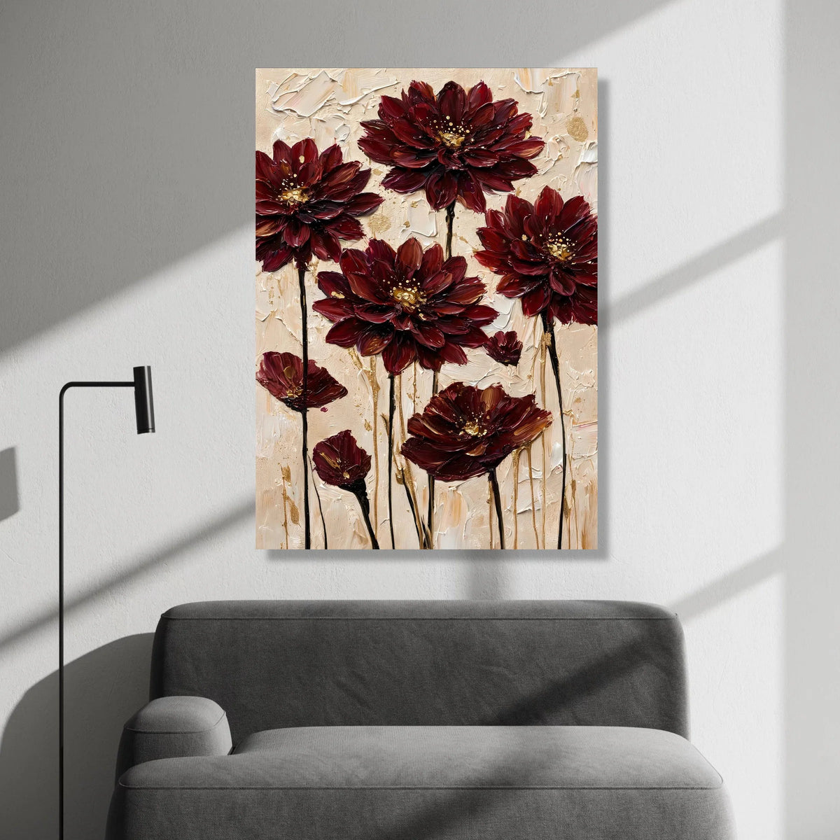 Deep Red Floral Canvas Wall Art, Elegant Dahlia Flowers Painting, Modern Botanical Print, Home Decor Canvas, Ready to Hang Canvas Print Art