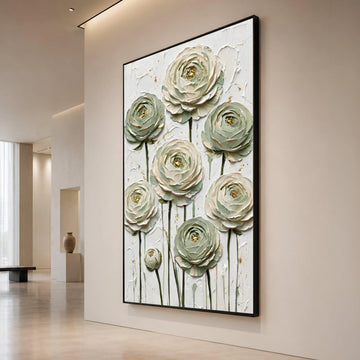 Elegant White and Sage Green Ranunculus Canvas, Floral Wall Art with Gold Accents, Modern Botanical Canvas Decor, Ready to Canvas Print Art