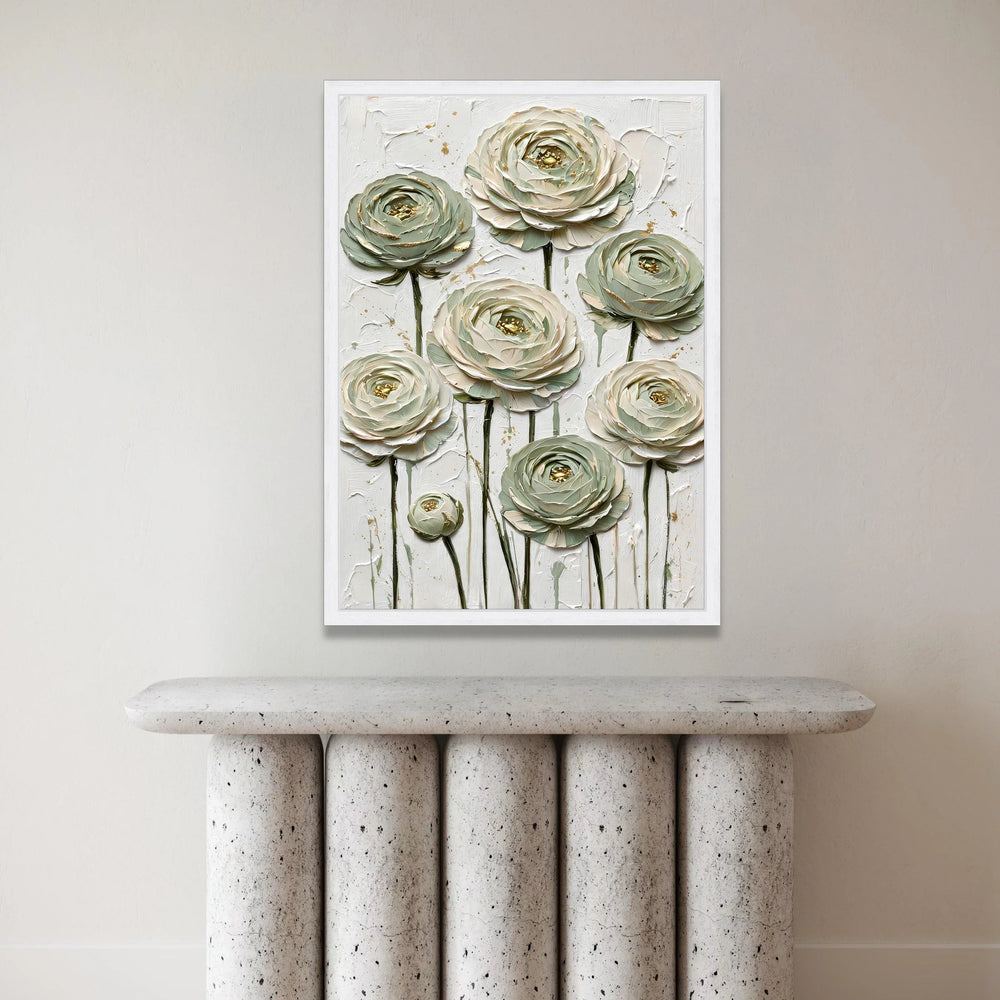 Elegant White and Sage Green Ranunculus Canvas, Floral Wall Art with Gold Accents, Modern Botanical Canvas Decor, Ready to Canvas Print Art