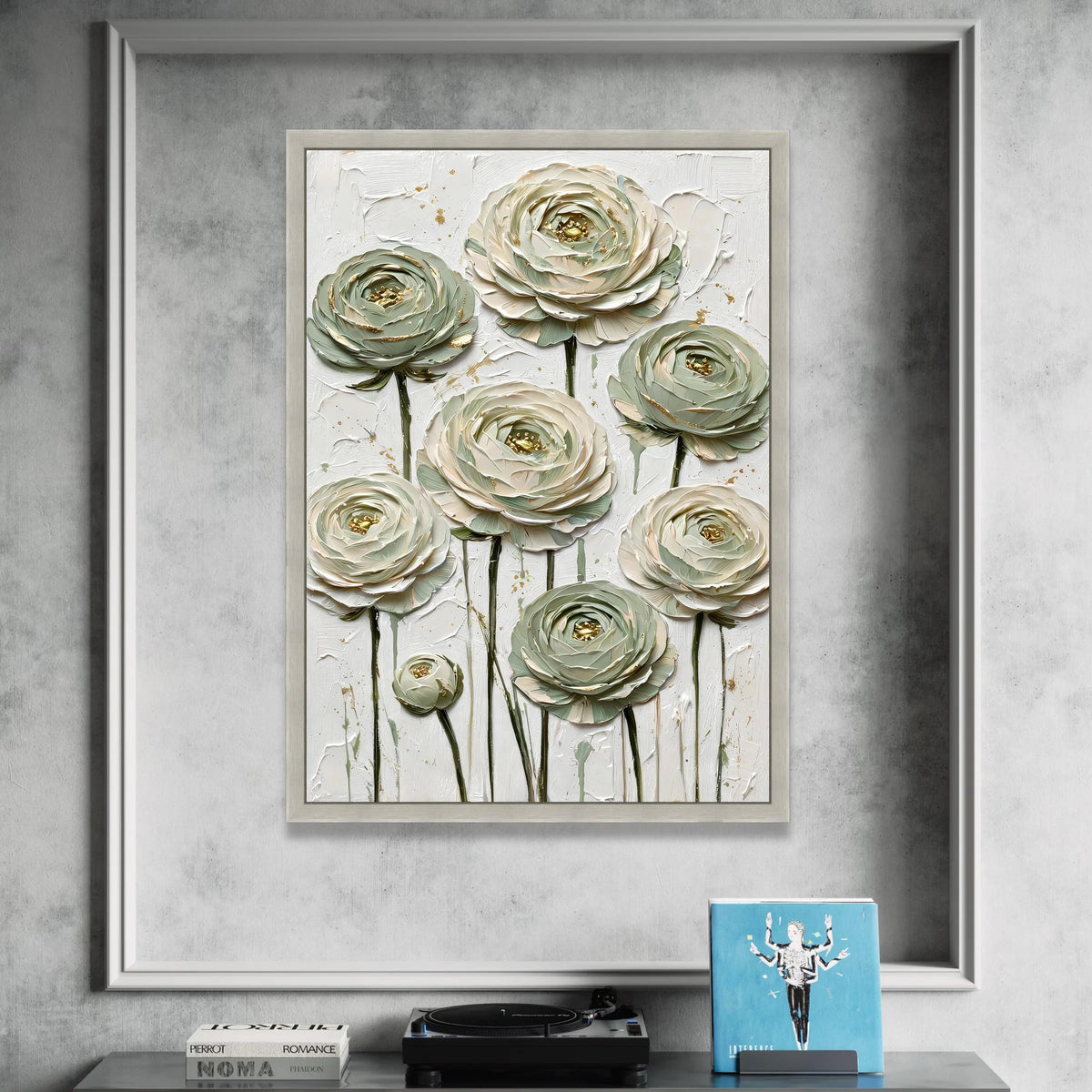 Elegant White and Sage Green Ranunculus Canvas, Floral Wall Art with Gold Accents, Modern Botanical Canvas Decor, Ready to Canvas Print Art