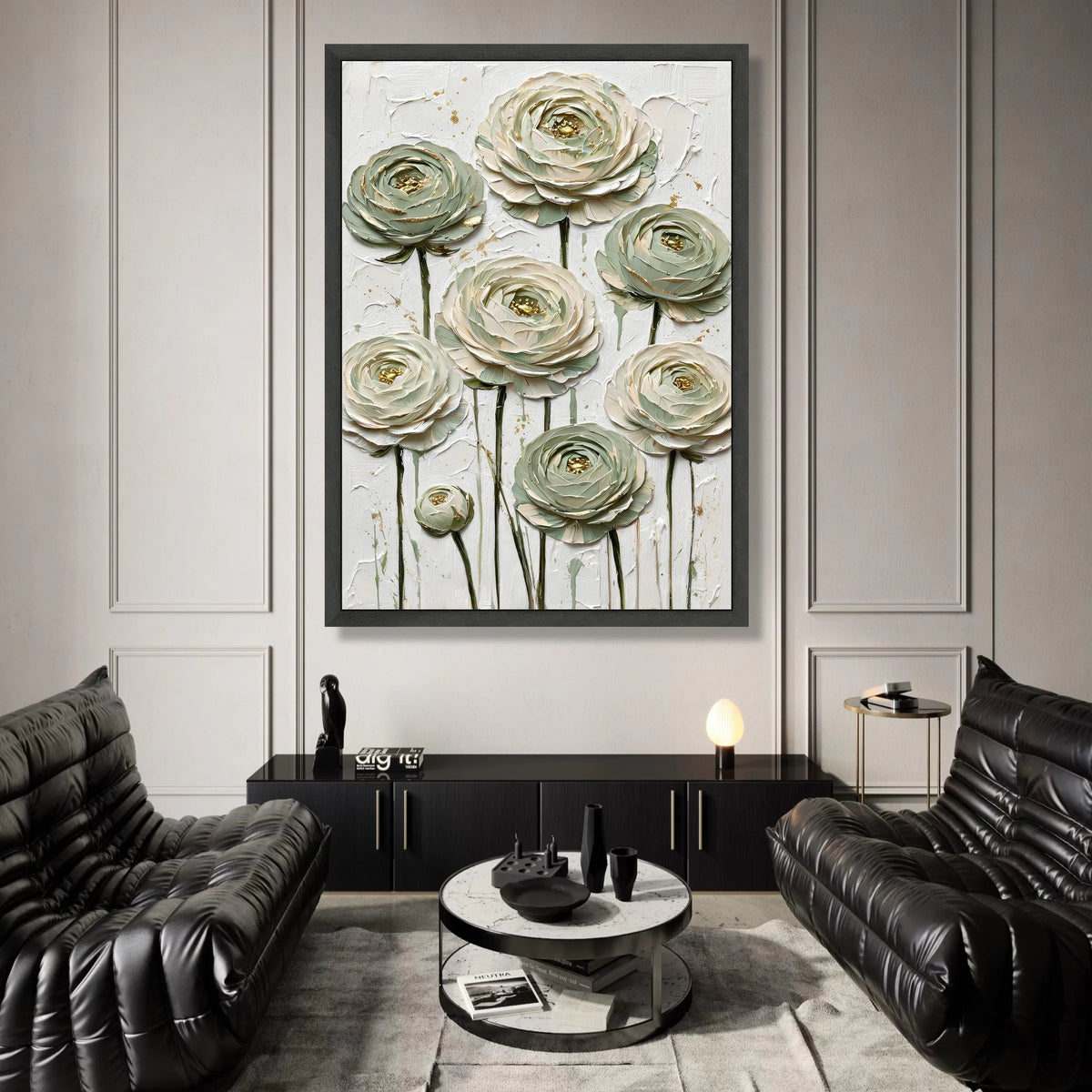 Elegant White and Sage Green Ranunculus Canvas, Floral Wall Art with Gold Accents, Modern Botanical Canvas Decor, Ready to Canvas Print Art