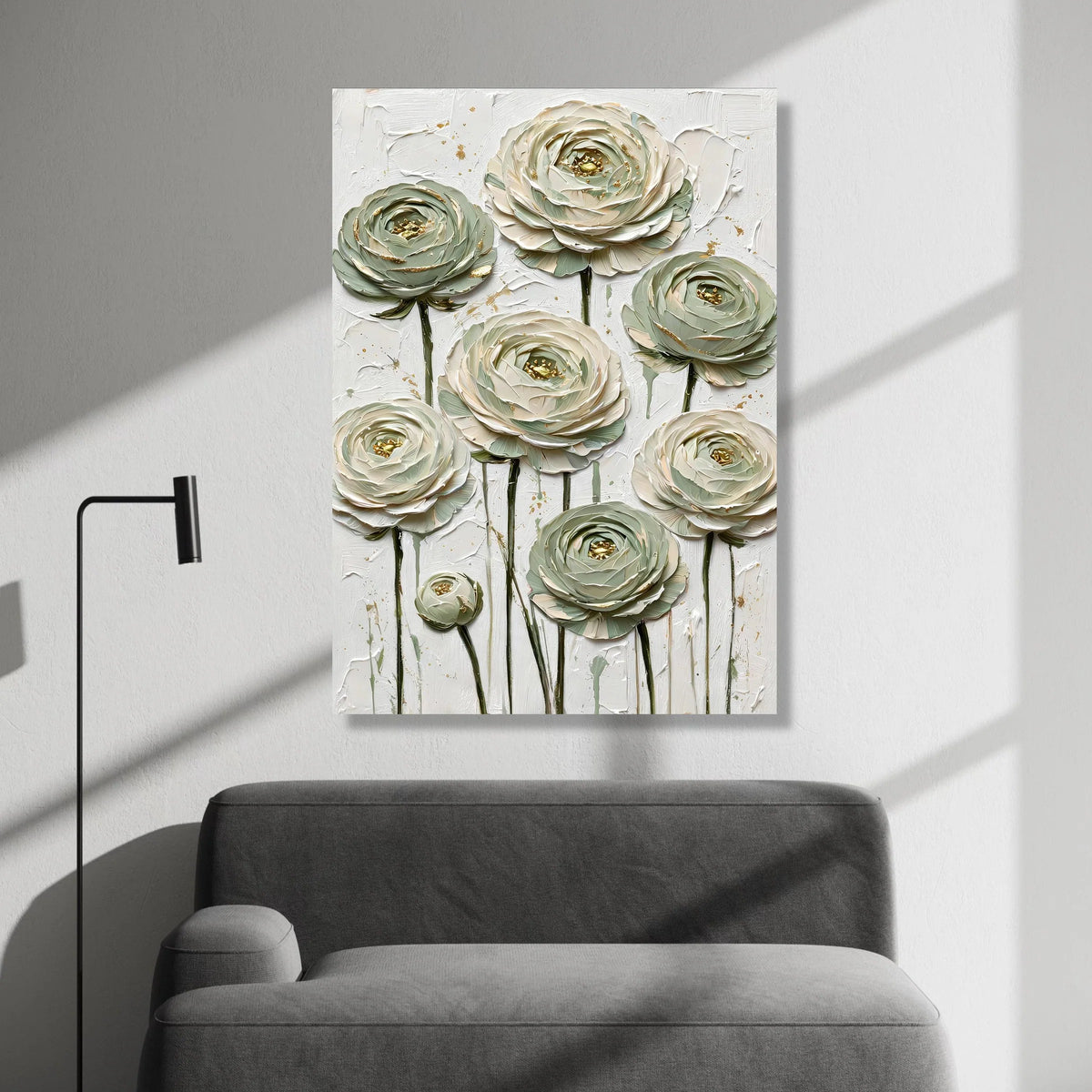 Elegant White and Sage Green Ranunculus Canvas, Floral Wall Art with Gold Accents, Modern Botanical Canvas Decor, Ready to Canvas Print Art