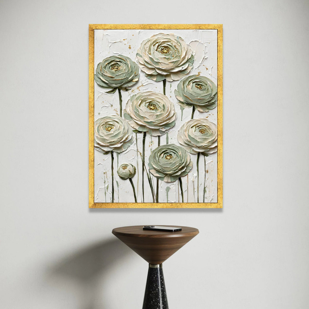 Elegant White and Sage Green Ranunculus Canvas, Floral Wall Art with Gold Accents, Modern Botanical Canvas Decor, Ready to Canvas Print Art