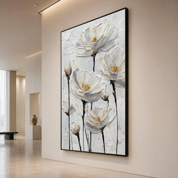 Elegant White Flowers Canvas Wall Art, Modern Floral Painting, Soft Neutral Home Decor, Botanical Canvas Print, Ready to Canvas Print Art