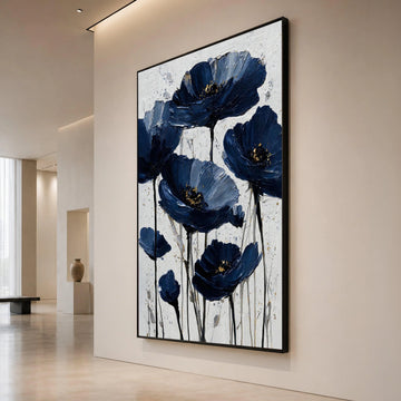 Elegant Navy Blue Flowers Canvas Wall Art, Floral Bloom Design, Modern Home Decoration, Large Botanical Print, Ready to Canvas Print Art