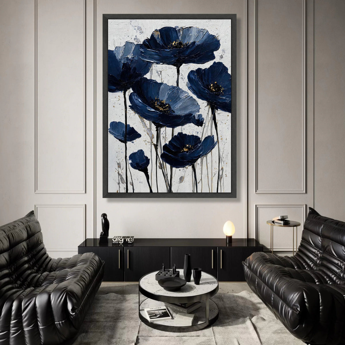 Elegant Navy Blue Flowers Canvas Wall Art, Floral Bloom Design, Modern Home Decoration, Large Botanical Print, Ready to Canvas Print Art