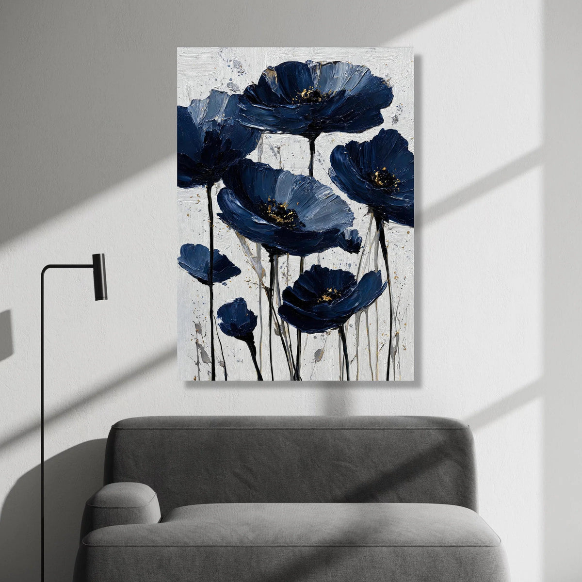 Elegant Navy Blue Flowers Canvas Wall Art, Floral Bloom Design, Modern Home Decoration, Large Botanical Print, Ready to Canvas Print Art