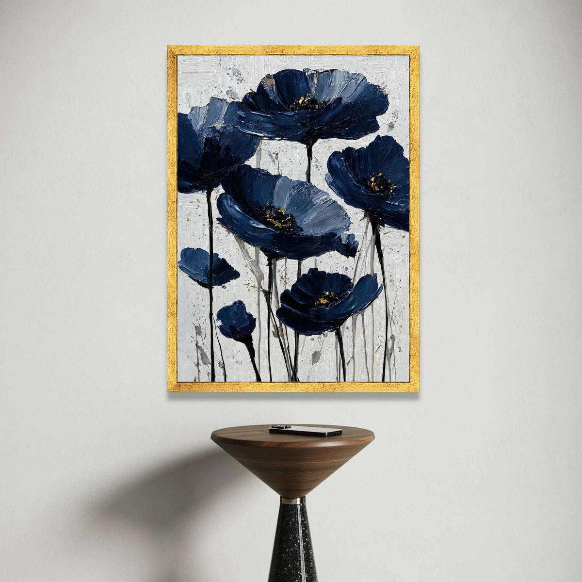 Elegant Navy Blue Flowers Canvas Wall Art, Floral Bloom Design, Modern Home Decoration, Large Botanical Print, Ready to Canvas Print Art